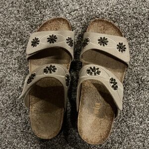 Alegria two strap sandal, size 39, light taupe with jewel flower design
